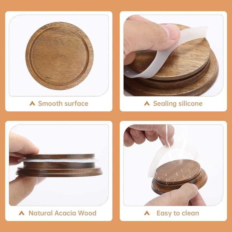 DingCo 6 Pack Regular Mouth Mason Jar Lids Reusable canning lids Acacia Wooden mason jar Lids with Airtight Silicone Seal, Brown (6PCS Regular Lids) - Image 3